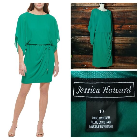 Jessica Howard Blouson Dress Size 10 Green Faux Wrap Kimono Sleeve Tie Waist - Picture 1 of 9